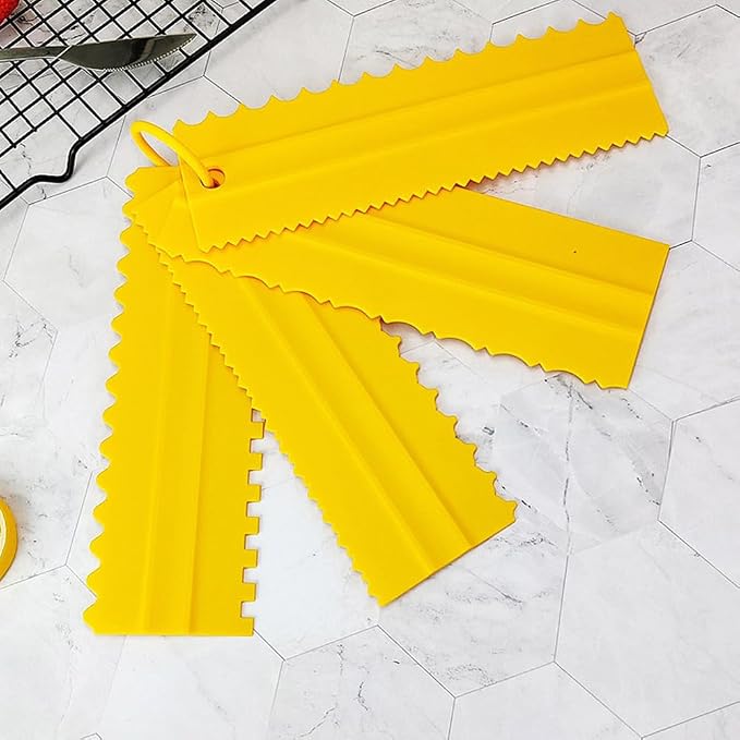 A Set of Cake Scraper 4pcs Plastic Double Sided Icing Smoother Frosting Comb Decorating Polisher Baking Diy Tool Accessories (Yellow)