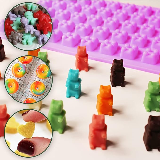 Silicone Gummy Molds Set of 4, Candy Molds with 2 Droppers for Convenient Filling, Chocolate Molds Set Includes Dinosaur, Bear, Donut and Heart Molds