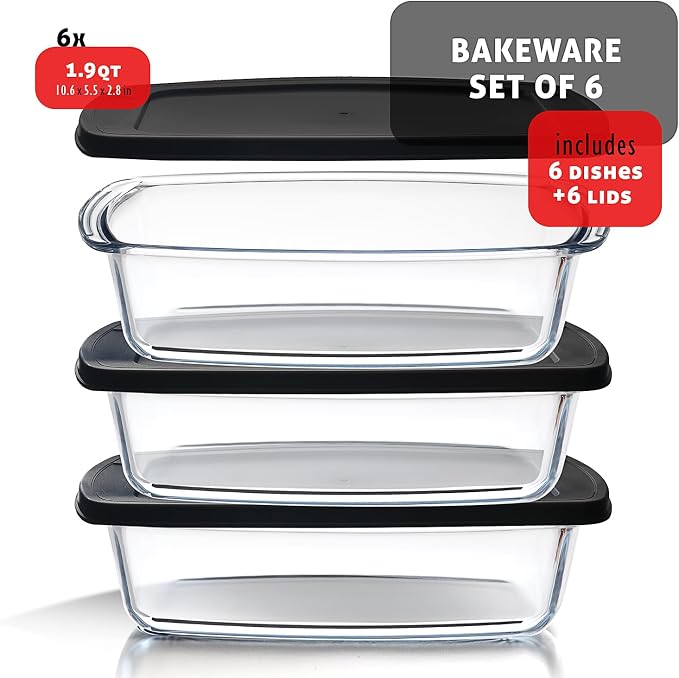 Nestl Set of 6 Glass Bread Loaf Pans for Baking Bread Glass Food Storage Containers with Lids, Glass Baking Dishes for Oven, Pound Cake Pan 1.9 Quart