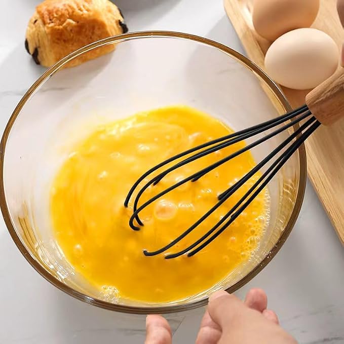 10 "Silicone Whisk with Wood Handle, suitable for mixing, stirring, stirring, cooking, baking, suitable for pancake batter, eggs, cake powder, mixing, gravy, and sauce (black)