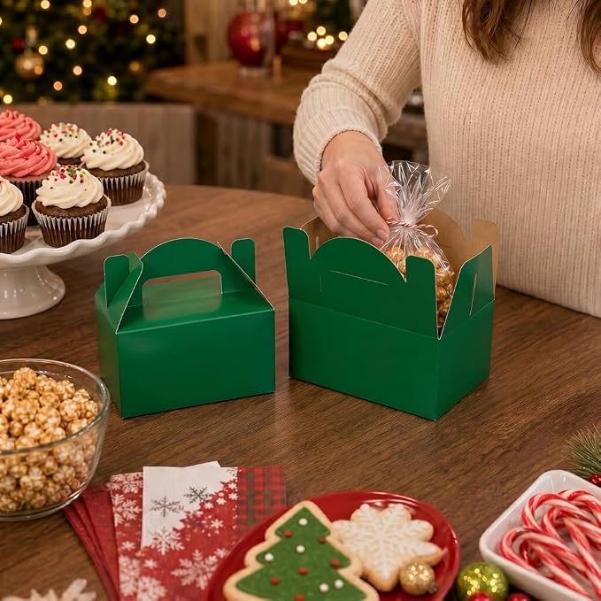 Aosric Small Green Gable Boxes 3.5 x 3.5 x 6.3 In, 30 Pack | Premium Cardstock Party Favor Boxes with Handles for Christmas, St. Patrick's Day, Treats, Bakery, Cookies & Gift Packaging