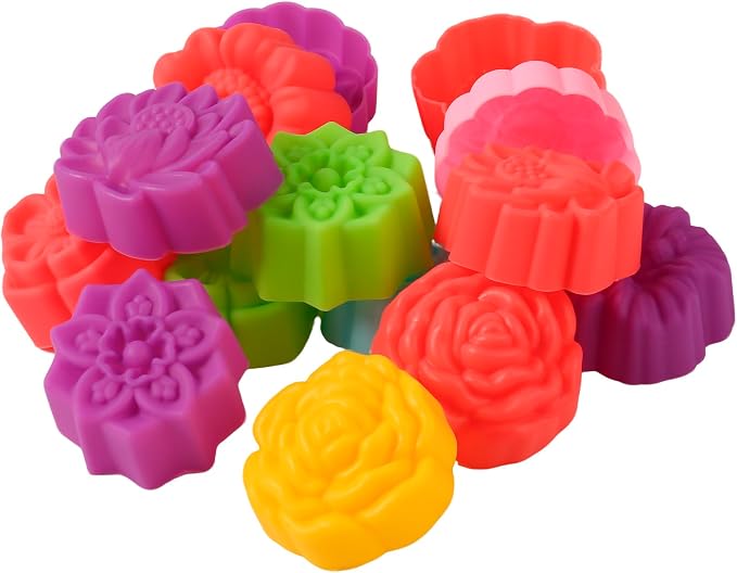 14Pcs Mini Size Silicone Molds, 2 x 0.8 inch Cupcake Multi Flower Shapes Baking Cups Non-Stick Donut Wrapper Mold Muffin Liners