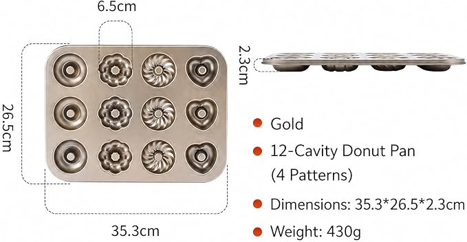 2 Pack Mini Bundt Cake Pans for Baking, 12 Cavity Nonstick Mini Cake Pan with Flower & Heart Shapes, Carbon Steel Donut Mold for Brownies, Desserts & Homemade Treats, Gold