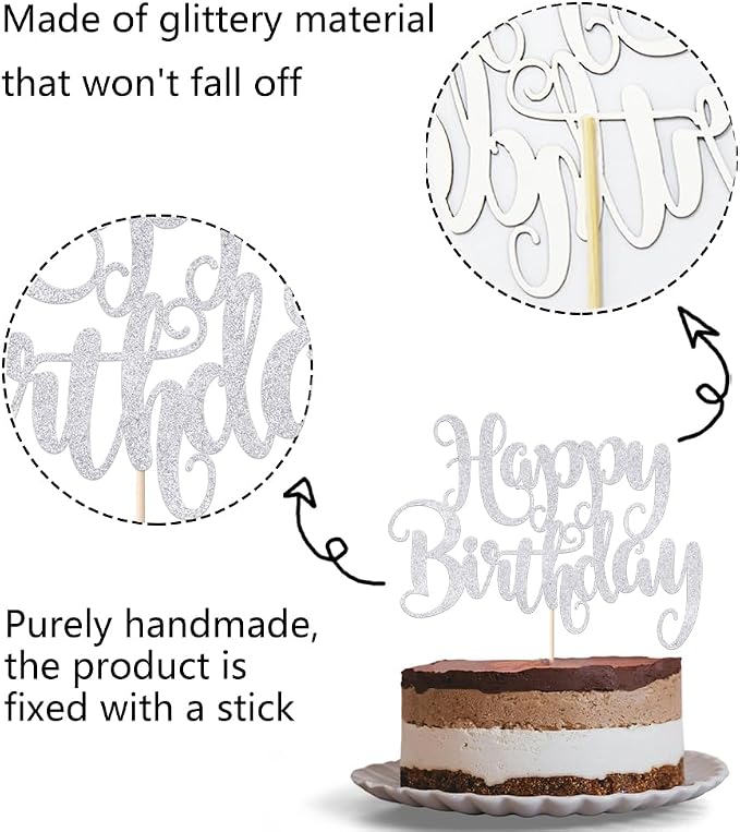 Happy Birthday Cake Topper- Glitter Happy Birthday Cake Decor, Handmade Anniversary/Birthday Party Supplies (Silver)