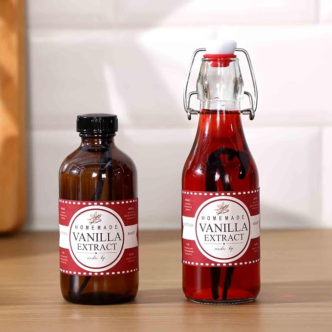 Fulmoon 24 Pcs Vanilla Extract Labels Homemade Vanilla Extract Stickers Bottle Labels with Ribbon Gift Stickers for 4oz, 8oz Handcrafted Bottles Wedding Gifts(Classic)