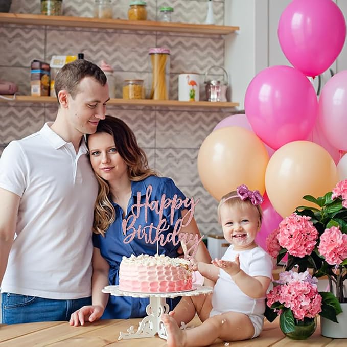 LVEUD Rose Gold Glitter Happy Birthday Cake Topper, 1 Count, 8x7 Inches, Cardstock, Ready to Sparkle, Safe & Non-Toxic