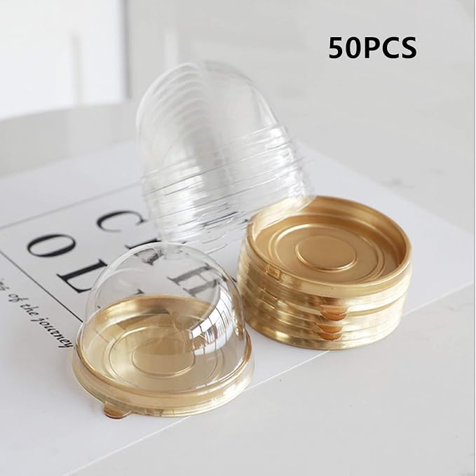 YUDONG 2 Inch 50 Pack Clear Plastic Mini Cupcake Containers Individual Packaging Mini Cupcake Holder, Disposable Treat Boxes with Dome Lids for Muffin Mooncake Cake Macaron (golden)