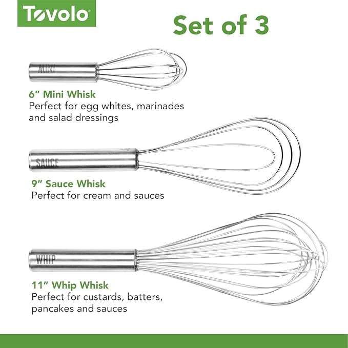 Tovolo Stainless Steel Whisk Set of 5 Complete Dishwasher Safe Collection 6" Mini, 9" Beat, 10" Flat for Sauce, 11" Balloon Whip and 12" Dutch Dough Whisk for Cooking Whisking Mixing Whipping Beating