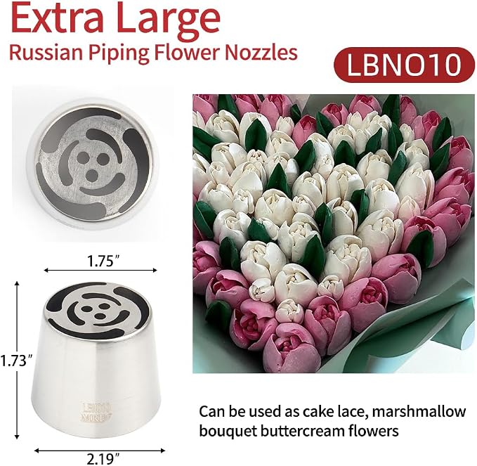 14 PCS Russian Piping Tips Set,Stainless Steel Icing Nozzles for Cake Decorating, Cream Flower Bouquet DIY Cookies, Desserts Baking Tools 1 XXL, 1 XL, 1 Medium Leaf, 10 Piping Bags, 1 Brush