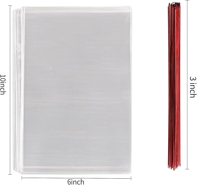 MoloTAR 200 Pcs 10 in x 6 in(1.4mil.) Clear Flat Cello Cellophane Treat Bags Good for Bakery, Cookies, Candies,Dessert with five random color Twist Ties!