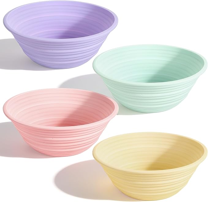 4Pcs Silicone Banneton Bread Proofing Baskets, 9 Inch Round Sourdough Foldable Non-Stick Dough Proofing Bowl Making-BPA Free Optimum Sourdough Bread Baking Supplies