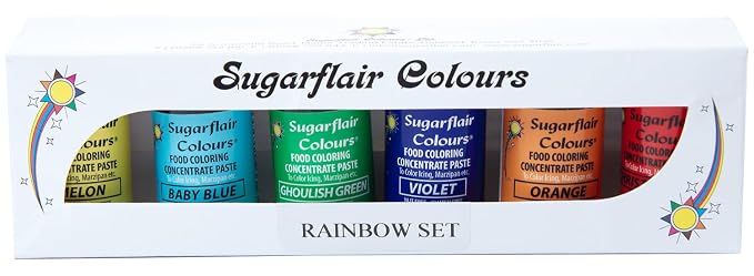 Sugarflair Rainbow Set of Food Coloring Concentrate Paste, 25 Grams Each of 6 Colors: Baby Blue, Christmas Red, Ghoulish Green, Melon, Orange & Violet (Total 150 Grams)