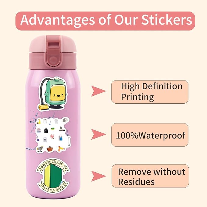 55Pcs Cleaning Chore Stickers, Funny Household Vinyl Decals for Planners, Journals, Water Bottles, Laptops, and DIY Decor (Chore)