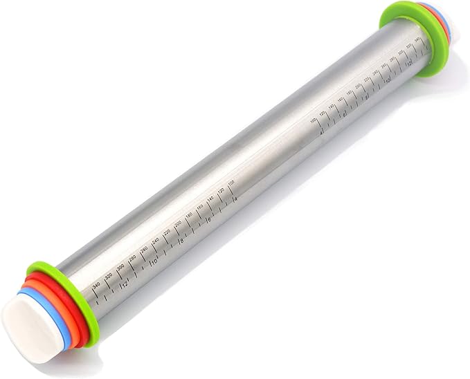 Stainless Steel Rolling Pin for Pizza, Burger Dough Roll - Baking Roller - With Thickness Controller. Adjustable Rolling Pin with Removable Rings 17"