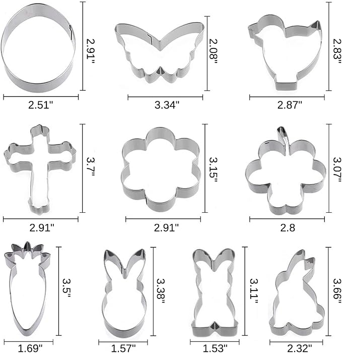Easter Cookie Cutter Set - 10 pieces - Easter Bunny, Egg, Chick, Carrot, Rabbit, Bunny Face, Holy Cross, Leaf, Flower, Butterfly Shapes - Stainless Steel Biscuit Molds for Spring Holiday Baking