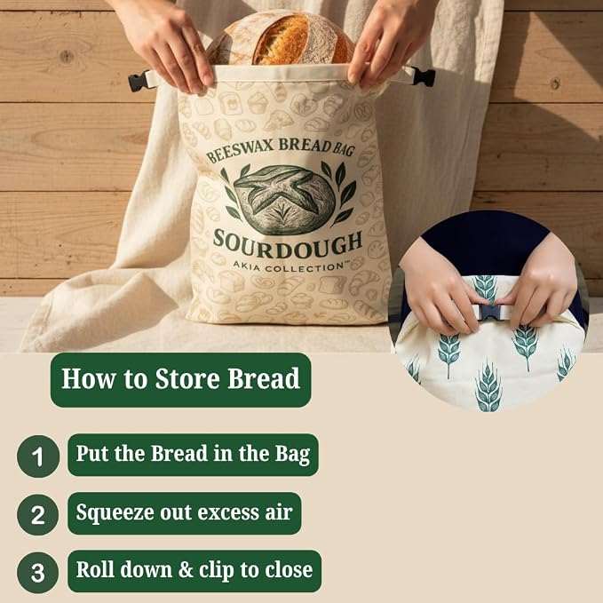Beeswax Bread Bags for Sourdough and Homemade Bread — 2 XL Reusable Cotton Bread Bags + Beeswax Bowl Cover, Food-Safe Bread Storage Keeps Loaves Fresh, Zero Waste Bakery Gift Set