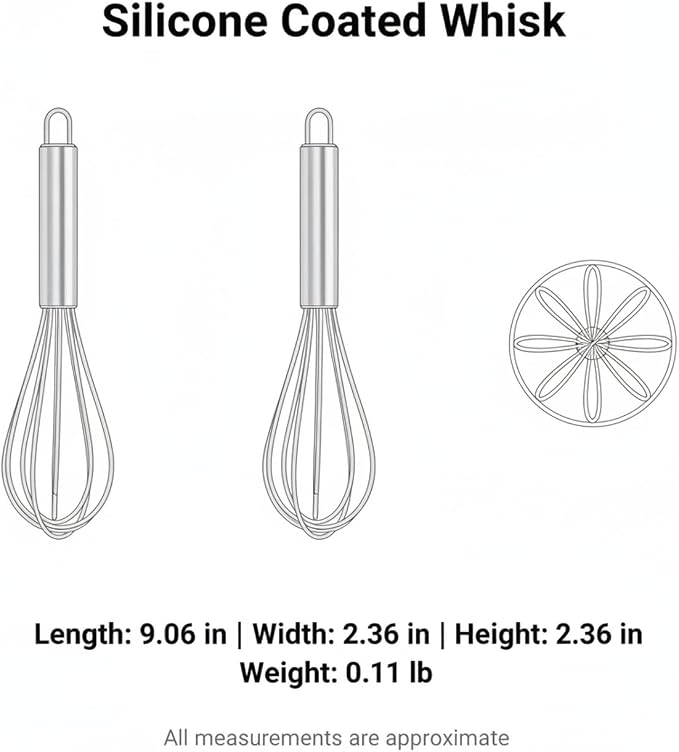 Silicone Coated Whisk, Stainless Steel Wire Balloon Whisk for Non-Stick Cookware, Mixing Tool for Eggs Batters and Sauces (1 PC)