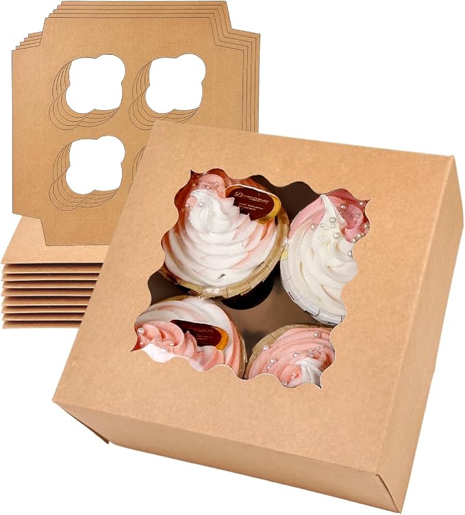 Bakepacker Auto-pop up 4 Cupcake Boxes with Window 20 Count Brown Box 6.3 x 6.3 x 3inch Cupcake Carrier