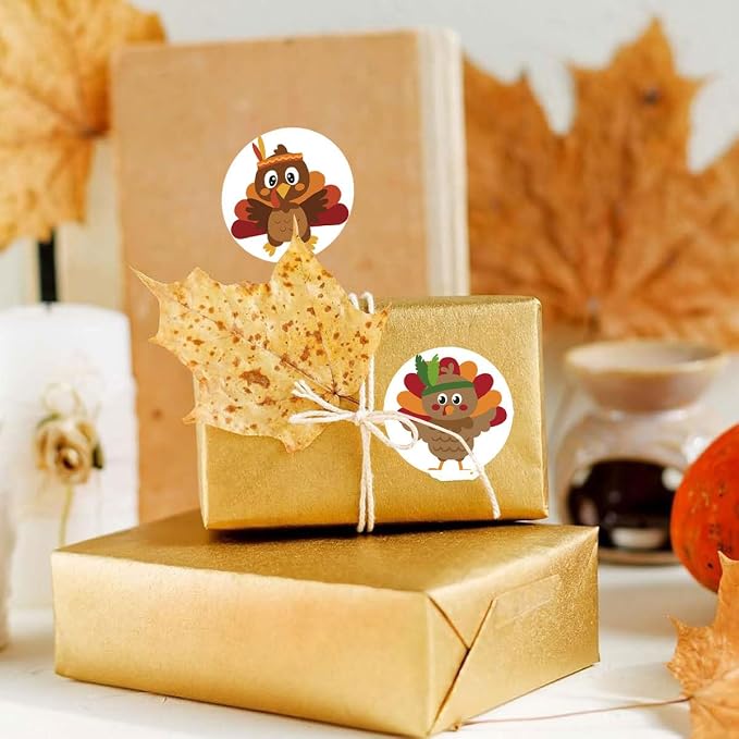 500Pcs Fall Stickers Roll 1 Inch Self Adhesive Cute Turkey Round Stickers 8 Style Cartoon Turkey Design Thanksgiving Stickers Autumn Pumpkin Roll Decals for Fall Envelope Card Gift Box Party Supplies