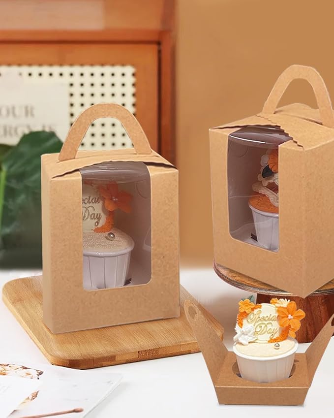 Bakepacker Auto-pop up Individual Cupcake Boxes with Window 200 Count Brown 3.6"X3.6"X4.3", for Cake, Treat Cookie Dessert, Pastry, Birthday Party, Weddings
