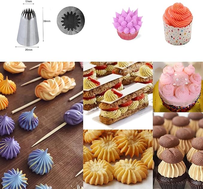 1M 2A 2D 2F 6B 234 Piping Tips Set,Star Round Drop Flower Eclair Grass Icing Tip Decorating Tips Large for Frosting Cake Cupcake Cookie,6 Pcs