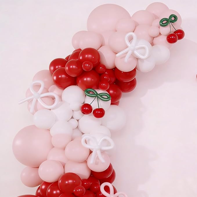 Red Cherry Balloon Garland Arch Kit, 143 Pcs Bow Pastel Pink and White Balloons for Cherry Themed Birthday Party Bridal Shower Wedding Galentine's Valentines Day Decorations