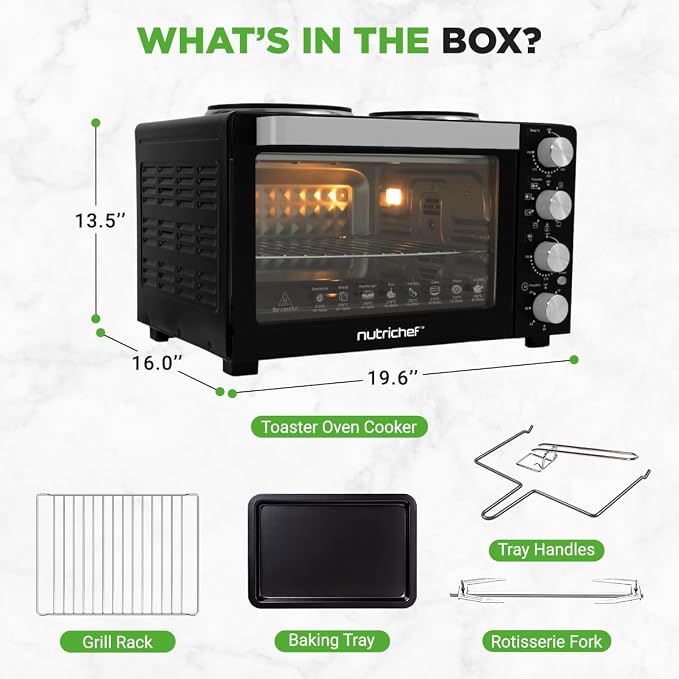 NutriChef 30 Quart Kitchen Convection Oven & 2 Burner Cooker - 1500 Watt Oven - 7 Cook Functions Rotisserie, Cook, Bake, Broil & More - Includes Baking Tray, Skewers & Handles - 19.6 x 16.0 x 13.5 IN