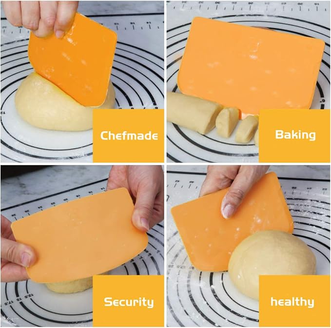DOERDO Flexible Food Safe Plastic Dough Scraper,for Food Cutting and Cleaning,Multipurpose Food Scrappers(Orange,3PCS)