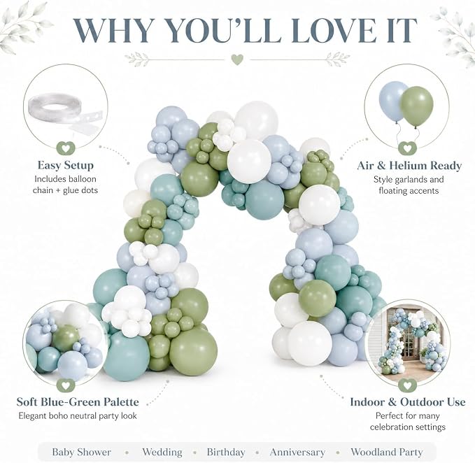 Dusty Blue Sage Green Balloon Arch Kit, Slate Fog Blue Dusty Olive Green White Balloons Different Size for Boho Baby Shower Bridal Shower Wedding Anniversary Neutral Birthday Woodland Party Decoration