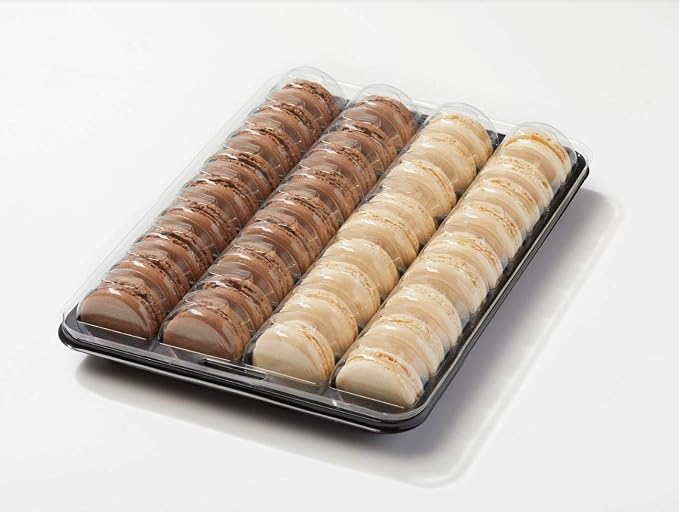 Pastry Chef's Boutique Clear Plastic Closeable French Macaron Boutique Storage Display Trays - 6 Sets - Each Box Holds 36 Macarons - Black Bases