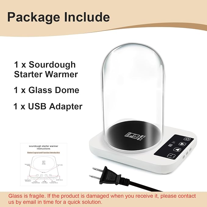Sourdough Starter Warmer with Glass Dome, 1°F Precise Temperature Control from 70 to 100°F, 0-12H Timer Auto Warming ON/Off, Sour Dough Heating Mat and Glass Cover Set for Baking Fermentation