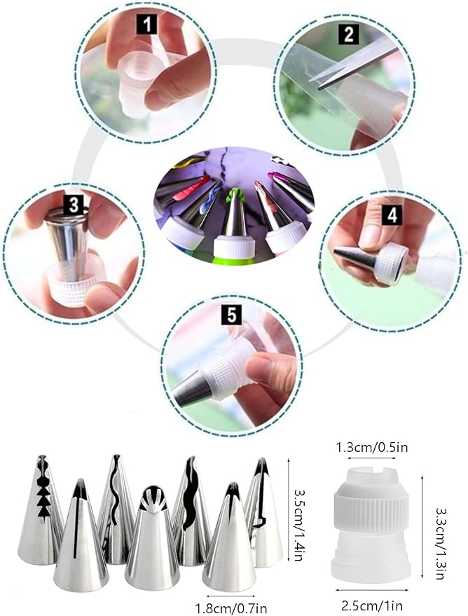 Ruffle Icing Tips with Coupler,#020,030,040,060,070,080,090 Russian Ruffle Tips & Standard Piping Coupler for Cake Decorating