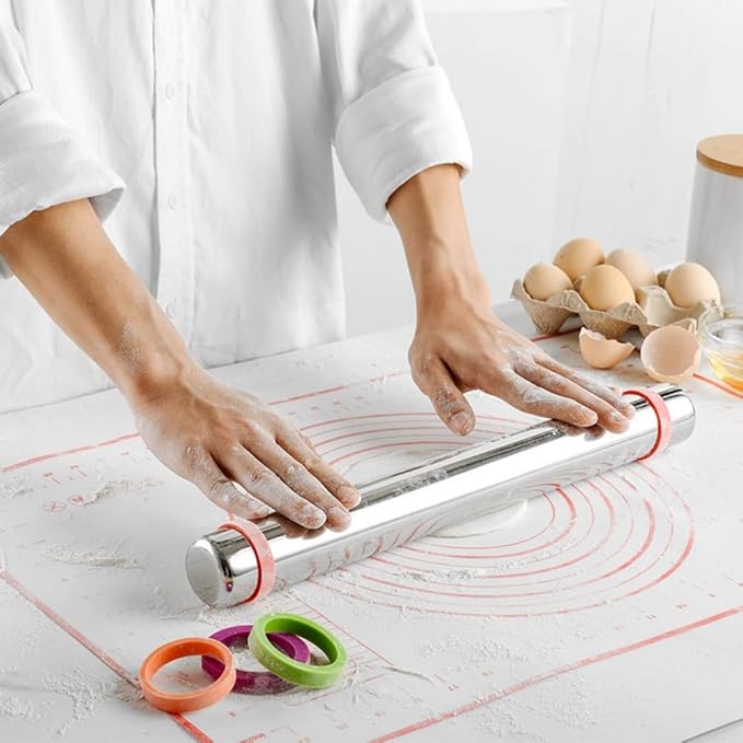 AMUZHI Stainless Steel Rolling Pin with Adjustable Thickness Rings | 4 Interchangeable Sizing Bands for Dumplings/Pasta/Cookies - Nonstick Kitchen Baking Tool