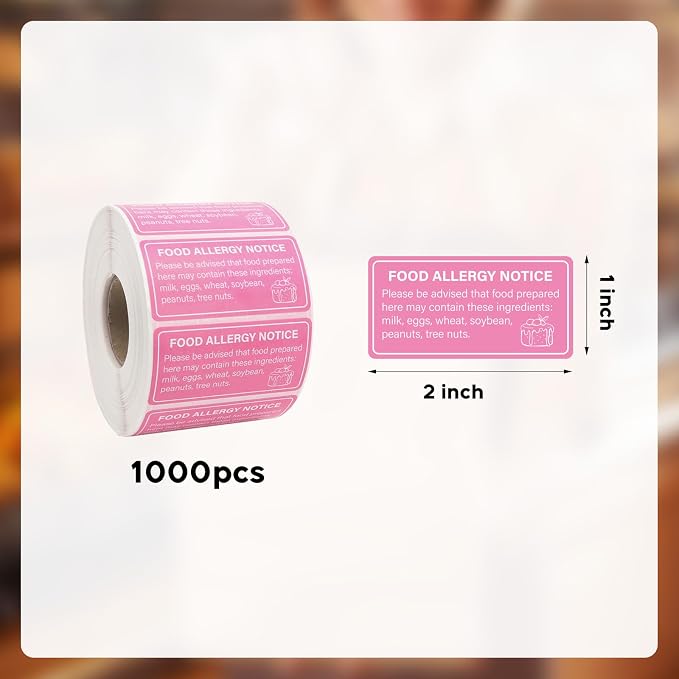 1000pcs Food Allergy Stickers 2x1in Waterproof Food Allergen Warning Label Pink Self-Adhesive Roll up Food Allergy Alert Safety Sticker for Restaurant Cake Shop Party Cookie Bakery Businesses Kitchen