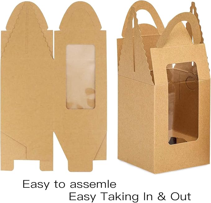 Cupcake Boxes, 30 Pcs Single Cupcake Boxes Individual Cupcake Containers Muffins Cupcake Carriers Holder Kraft Pastry Containers with Insert Window & Handle for Wedding Birthday Parties (Brown)