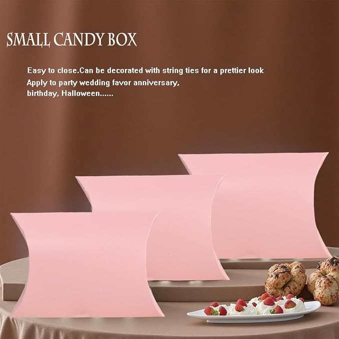 50 Pcs Kraft Paper Pillow Gift Boxes,3.5x2.6 Inch Mini Folding Treat Boxes, Creative Favor Box Folding Treat Boxes for Bakery, Candy, Jewelry, Wedding & Party Favors(Pink-1)