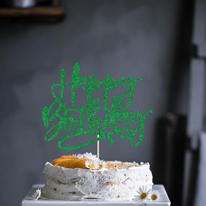 Kaoenla Happy Birthday Cake Topper, green Glitter For Anniversary & Birthday Cake Decoration