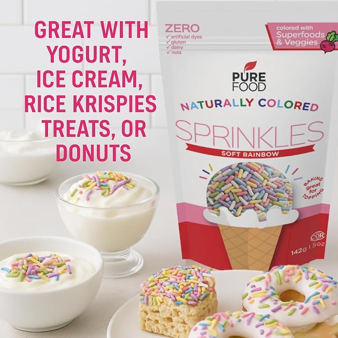 Pure Food By Estee Natural Soft Rainbow Color Sprinkles, 5oz (2 Pack) | Vegan | Dye Free Rainbow Jimmies for Baking | Natural Colors | Soy Free, Gluten Free, Dairy Free, Nut Free