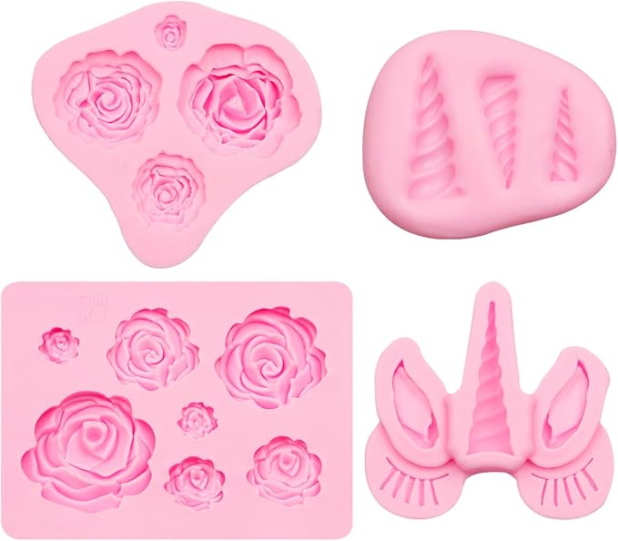 Unicorn Fondant Molds Rose Flowers Silicone Mould for Cake Decoration Chocolate Unicorn Horn Design Cupcake Toppers Clay, Set of 4