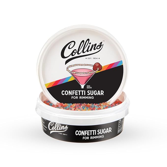 Collins Confetti Sugar, All-Natural Cocktail Rimming Sugar Made with Plant-Based Colors, Non-GMO Drink Garnish for Cocktails and Mocktails, Add Festive Flair to Your Drink Presentation, 4 oz