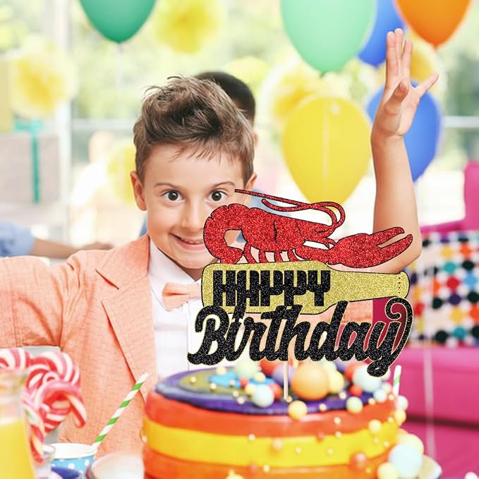 Lobster Cake Topper, Glitter Lobster Happy Birthday Party Decoration,Lobster Themed Baby Shower Birthday Party Cake Decoration Supplies, Black