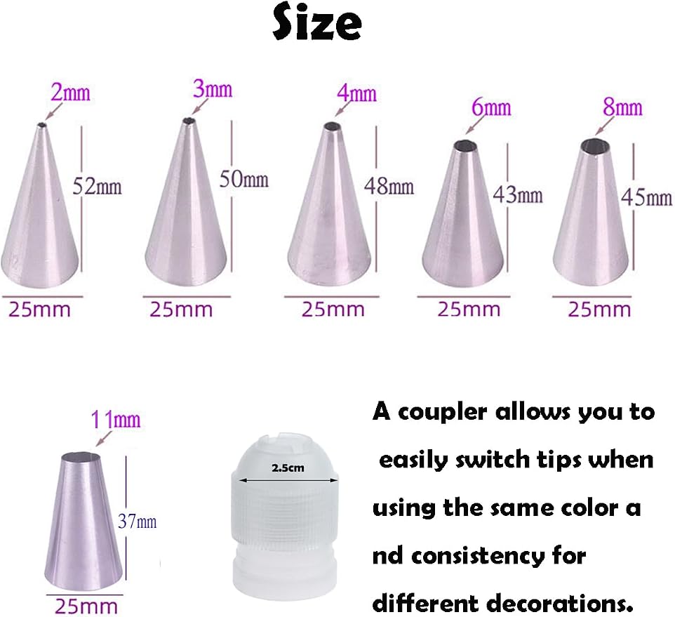 Round Piping Tips Set with Coupler- Stainless Steel Plain Icing Tips in 6 Sizes for Macarons,Writing,Royal Icing,Cookie and Cake Decorating
