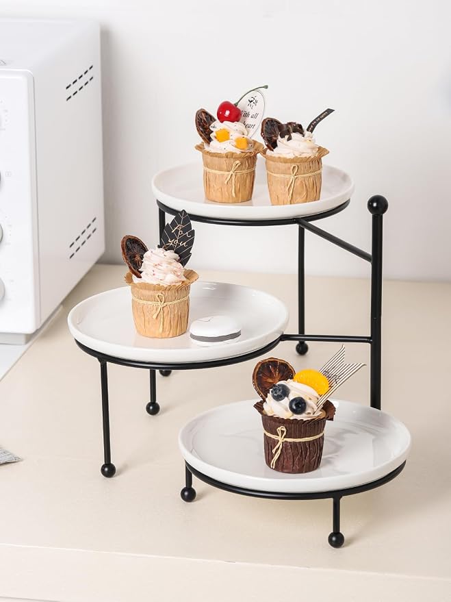 Kanwone 3 Tiered Serving Stand with White Porcelain Plates, Tiered Tray Stand, Dessert Table Display Set, 8" x 8" Tier Serving Trays with Black Metal Stand for Entertaining, 3 Tier Dessert Stand