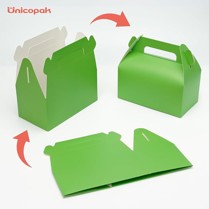 UnicoPak 30 Pack Green Party Favor Bag Boxes, Gable Gift Boxes for Candies Treats Goodies Cookies, Ideal for Green Party Favors, Themed Birthday Party, Valentine's Day, 6.5x3.5x3.5 Inches