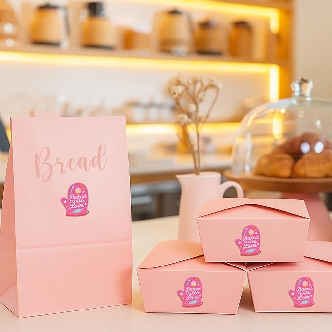 320 Pcs Baked with Love Stickers, Homemade Bakery Stickers Made with Love Sticker Self-Adhesive Gloves Labels for Packaging Bags Containers Businesses Gifts, 2 Inch