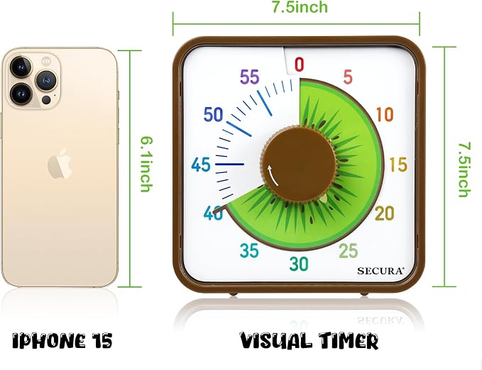 Secura 7.5-Inch Fruit Visual Timer for Kids, 60-Minute Countdown Timer for Classroom or Kitchen, Durable Mechanical Timer Clock with Magnetic Backing (Kiwi)