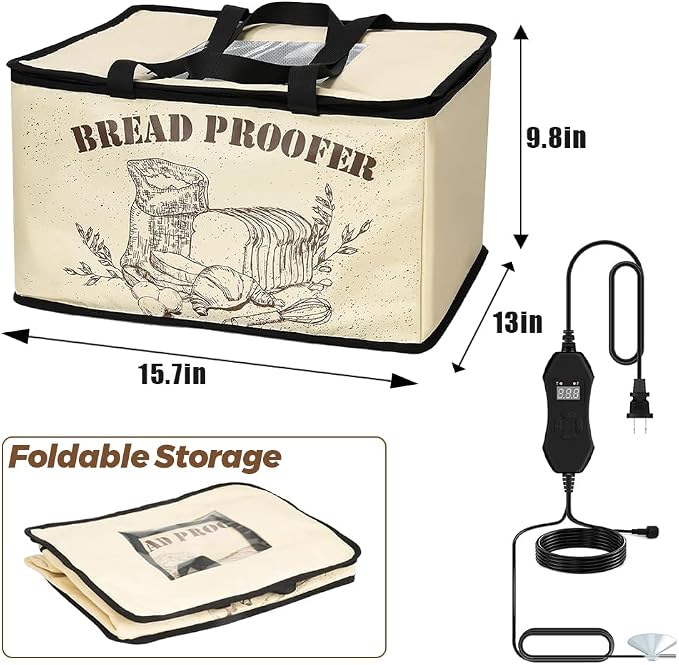 Bread Proofer with Heater, Electric Dough Proofing Box Timer | Temperature Control 0–130℉, Sourdough Pizza Yogurt Cheese Fermentation, Foldable Kitchen Countertop Bread Proofing Box Use