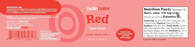 Nutricost Red Plant Based Food Coloring From Beet Root Powder (75 Servings) - Nutricolor Color Alternative For Food & Beverages