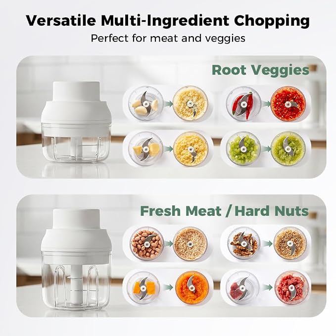 Electric Garlic Chopper, 2026 New Mini Food Processor, Rechargeable Cordless Garlic Mincer Onion Chopper, Portable Veggie Food Chopper for Ginger Chili Fruit Meat Kitchen Gadgets (Green, 100ml+250ml)