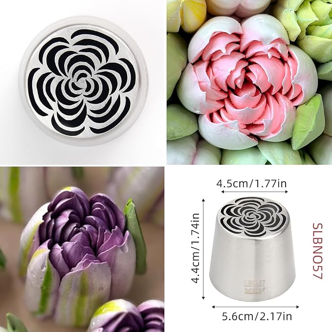 6 Pcs Stainless Steel Extra Large Russian Tulip Icing Tips Kit, Frosting Flower Piping Tips, 6 Russian Icing Tips,2 Cake Decorating Nozzles,1 Cleaning Brush,10 Disposable Pastry Bags for Baking